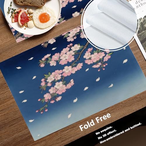 Batmerry Retro Japanese Cherry Blossom Linen Placemats Set of 8, Deep Indigo Flowers Washable Table Mats for Kitchen Table Thickened Heat Insulation Dining Set Indoor Outdoor 12X18 in
