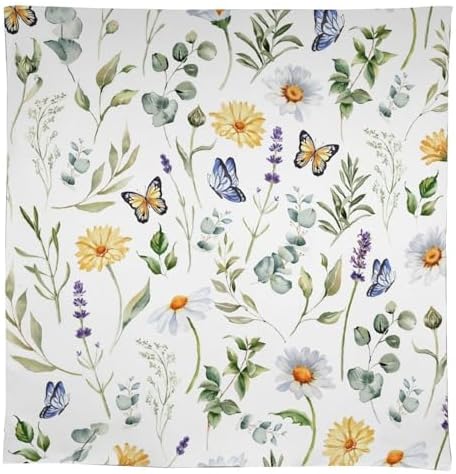 Watercolor Wildflowers Tablecloth, Summer Daisy Lavender Eucalyptus Branches Leaves Print Table Cover for Tea Party Weddings Indoor Outdoor Dining 55x55in