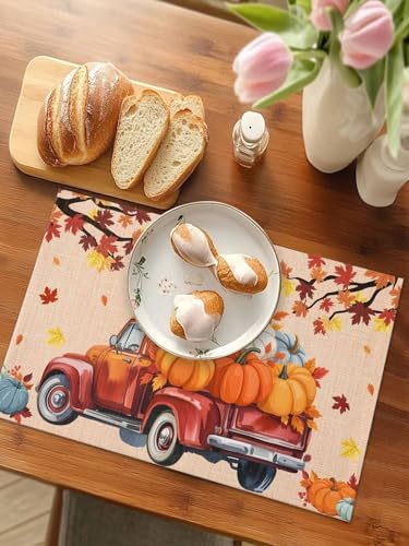 Fall Placemats Set of 6,Cotton Linen Heat Insulation Thanksgiving Harvest Pumpkin Farmhouse Truck Placemat for Holiday Banquet Dining Kitchen Table Decor