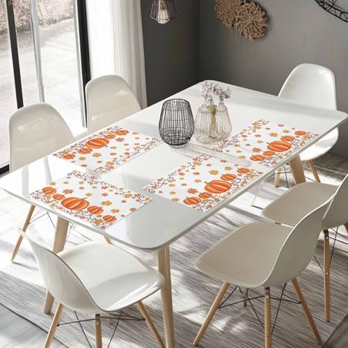 Fall Maple Leaves Placemats Set of 6, Thanksgiving Watercolor Pumpkins Heat Resistant Washable Table Place Mats Orange Cotton Table Linens Party Holiday Decor for Home Kitchen Dining Outdoor Indoor,