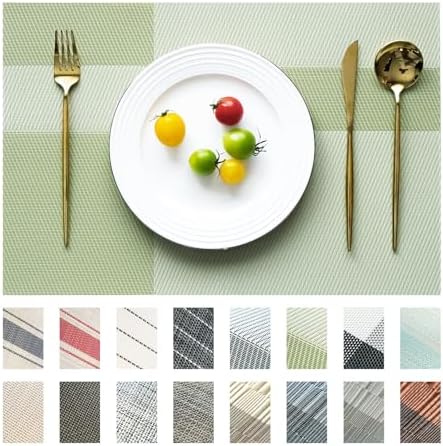 Placemats Set of 12 Vinyl/Plastic Woven Place Mats for Kitchen Table Indoor/Outdoor Washable Placemat Wipeable Dining Table Mats (Green Cube,12)