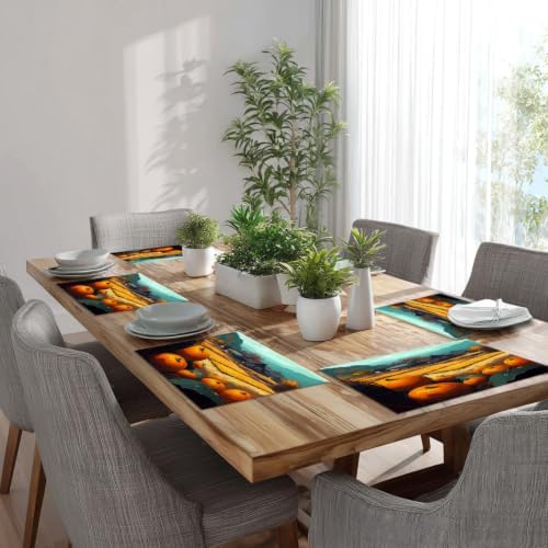 Batmerry Happy Thanksgiving Day Linen Placemats Set of 6, Pumpkin Harvest Golden Fields Villages Washable Table Mats for Kitchen Table Thickened Heat Insulation Dining Set Indoor Outdoor 12X18 in