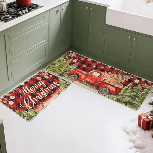 MEHOFOND Merry Christmas Kitchen Rugs Set of 2,Farmhouse Truck Red and Black Buffalo Plaid Kitchen Rugs,Winter Xmas Holiday Floor Mat,Snowflake Christmas Kitchen Decor 17 x 29 and 17 x 47 in