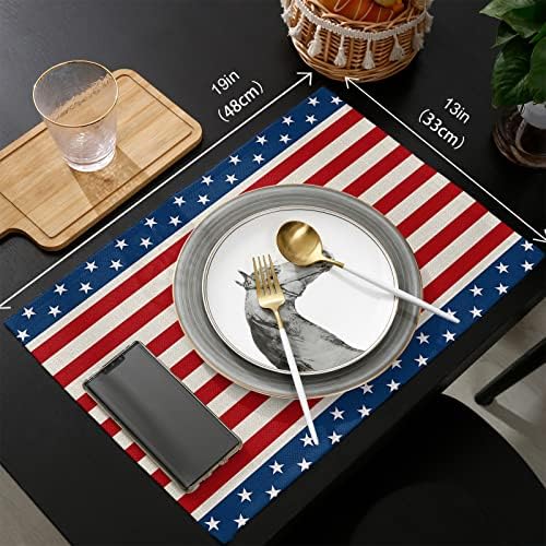 July 4th Placemats Set of 6-Patriotic Stripes and Stars Heat Resistant Placemat Washable Cotton Linen Table Mats Memorial Day Independence Day Party Summer Holiday Decorations for Kitchen Dining Table