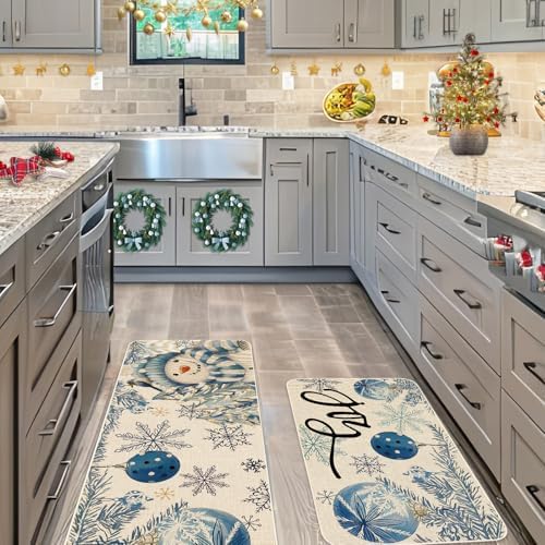 JarThenaAMCS Winter Christmas Kitchen Mats Blue Snowman Xmas Ball Snowflake Welcome Floor Mat Non-Slip Door Rugs for Indoor Outdoor Bathroom, 17 x 29 Inch & 17 x 47 Inch