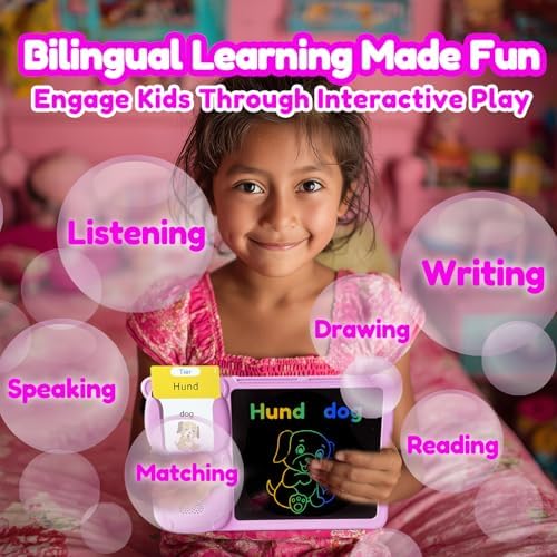 Writing Tablet with Bilingual Flash Cards for Kids, German, Pink
