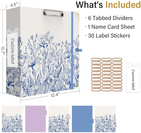 3 Ring Binder 3 Inch, Cute Round Ring Binder with 6 Tab Dividers & Label Stickers, Low Profile Clipboard with Storage, Fashion Binder for School Office Supplies (Vintage Blue Florals)