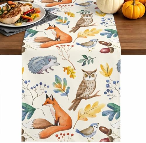 Fall Table Runner Autumn Animal Table Runners Harvest Thanksgiving Owl Bird Fox Leaves Cotton Linen Dresser Scarf Kitchen Dining Table Decor for Autumn Holiday Party Coffee 13x120 Inch