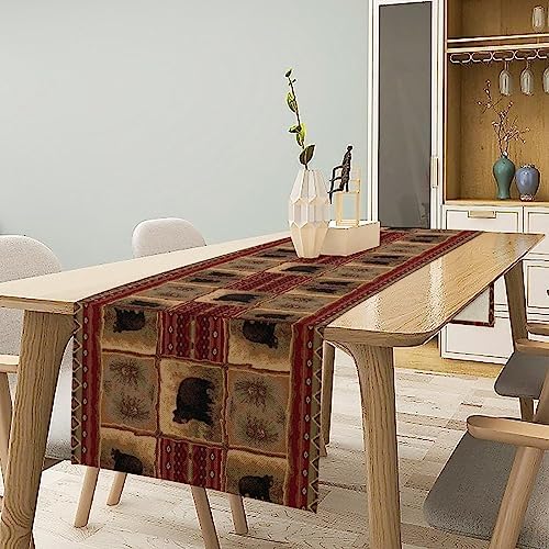 Rustic Bear Table Runner, Retro Vintage Bear Country Cabin Cottage Pine Tree Dinner Table Decoration for Home Kitchen Dining 13"x108"