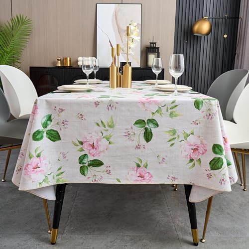 LIBERECOO Reinforced Vinyl Tablecloth with Flannel Backing Waterproof Oil-Proof Floral Plastic Table Cloth Stain-Resistant Wipeable Table Cover Not Stiff
