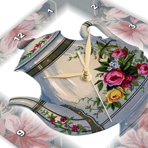 3dRose Wall Clock Silent - 10 inch - Victorian Flower Teapot On Blue Pink Floral Background - Victorian Images