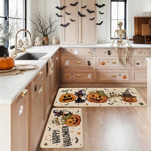 Baccessor Halloween Kitchen Rugs Set of 2, Spooky Pumpkin Ghost Cat Bat Kitchen Mats Low-Profile Non Slip Washable Rugs for Floor Home Decor 17x29 and 17x47 Inch
