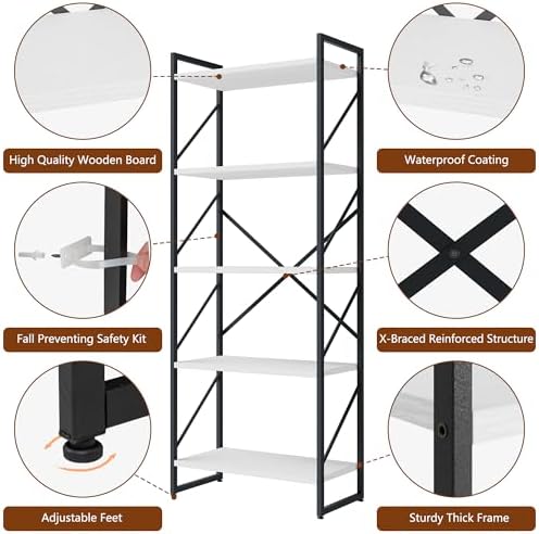 Shintenchi 5 Tiers Bookshelf, Classically Tall Bookcase Shelf,Industrial Book Rack,Modern Book Holder in Bedroom/Living Room/Office, Storage Rack Shelves for Books/Movies,11.8" Dx23.6 Wx62.2 H,White