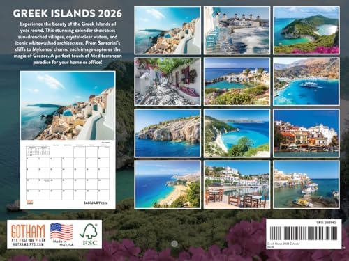 Greek Islands Calendar 2026 Monthly Wall Calender 12 Month | American Made In The USA