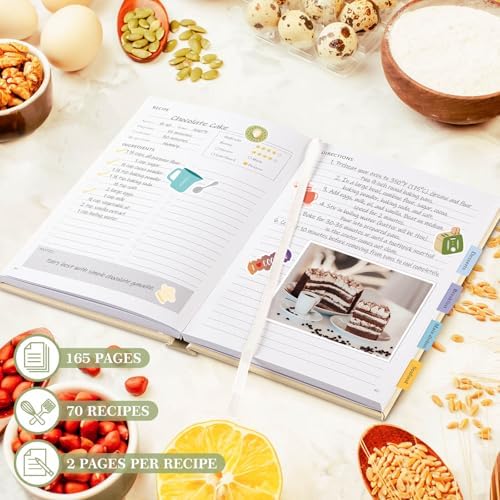 Lanpn A5 Blank Recipe Book Cookbook for 70 Recipes, Leather Cover Waterproof Empty Cooking Journal to Write in Your Own Recipes, Recipe Notebook with Stickers to Organize Your Family Recipes, Green