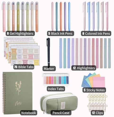 KOPKOFT Bible Study Supplies, Bible Journaling Kit for Women with Journal, Pen Case, Tabs, Highlighters and Pens, Bible Accessories Set for Women Students Beginner, Christian Gifts (Green)