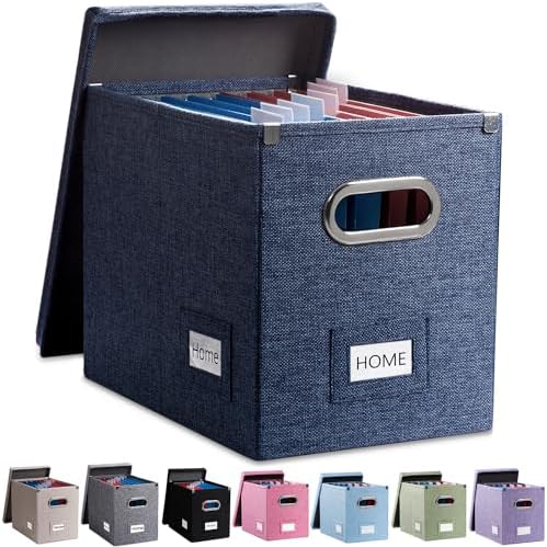 PRANDOM File Organizer Box - Set of 1 Collapsible Decorative Linen Filing Storage Hanging File Folders with Lids Office Cabinet Letter Size Navy Blue (14x9.3x10.8 inch)