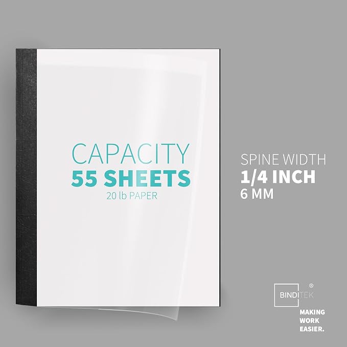 Binditek Thermal Binding Presentation Covers, 1/4 Inch Spine,Black,10 Pack | Thermal Binding Covers, 55 Sheets Capacity, Ultra Clear Front, Black Paper Back Cover, Letter Size, for Students & Coworkers