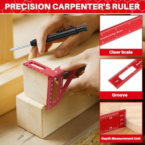 Relaxweex 32 Pack Woodworking Ruler Precision Metal Slide Rule 3D Multi-Angle Measuring Ruler Miter Triangle Rule and Mechanical Carpenter Pencils with Sharpener for Carpenters Craftsmen Builders