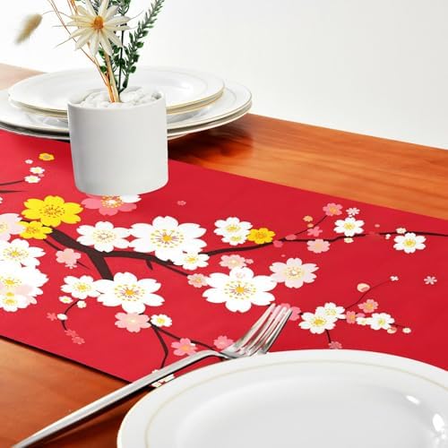 ALAZA Double-Sided Japaneses Sakura Tree Cherry Bloom Table Runner 14x108 Inches Long,Table Cloth Runner for Wedding Birthday Party Kitchen Dining Home Everyday Decor