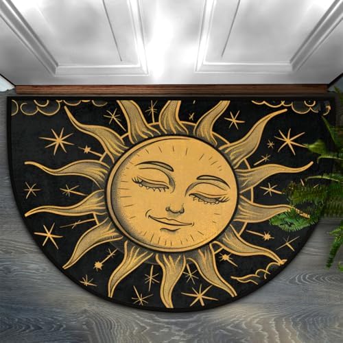 Pardick Boho Sun Half Round Door Mat, Non-Slip Welcome Indoor Entrance Way Rug Semi Circle Front Doormats Washable Bathroom Kitchen Floor Mat, Outdoor Rugs for Garage, Patio, Hearth Rug
