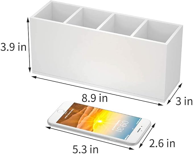 NIUBEE Acrylic Pen Holder 4 Compartments, White Pencil Organizer Cup for Countertop Desk Accessory Storage (White) | Scratch-resistant thick acrylic with 4 slots for pens, pencils, makeup brushes, office, vanity and school use