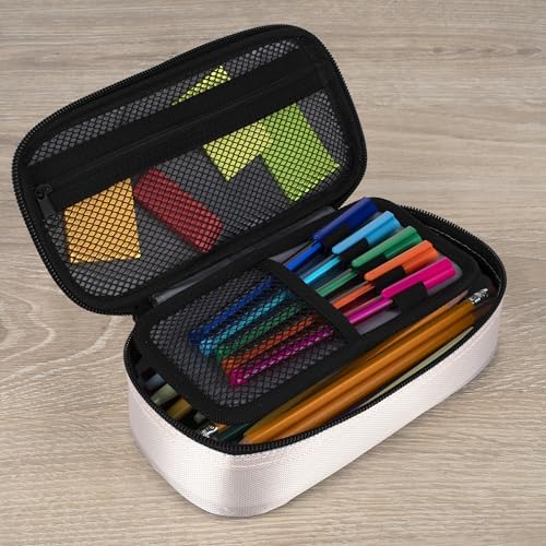 Five Star Pencil Pouch Zipper High-Capacity Storage Organizer Case for Office Supplies Earbuds Chargers Cables Makeup, Tan/Blue (500212A)