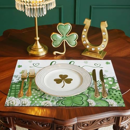 St. Patrick's Day Placemats Set of 6, Lucky Clovers Place Mats Washable Dining Table Mats Spring Holiday Party Decor for Kitchen&Linens Outdoor Indoor, Blue Green Shamrock Leaves
