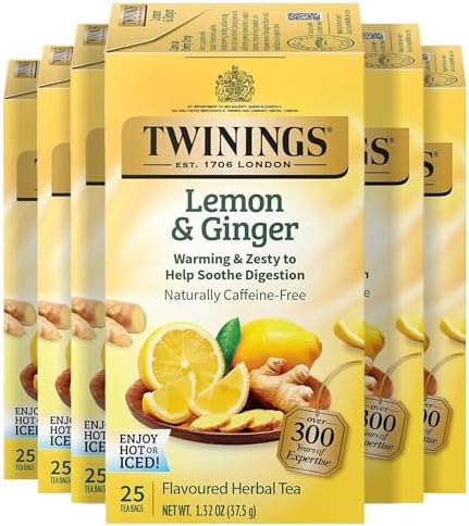 Twinings Lemon & Ginger, Caffeine-Free Herbal Tea Bags, 25 CT Box (6 Pack)