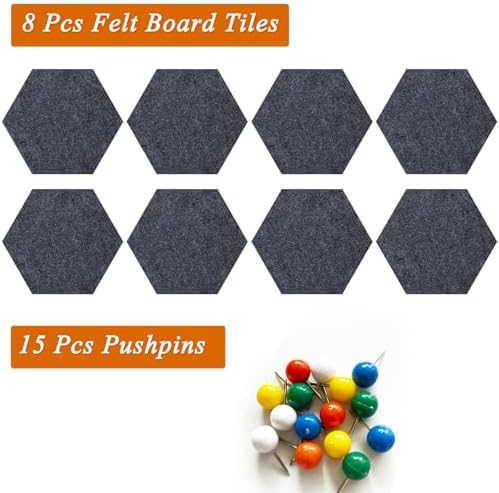 8 Pcs Hexagon Felt Cork Bulletin Board Tiles, Self Adhesive DIY Bulletin Board Pin Board for Office School Home Wall Decor Memos Photos Display(Deep Grey)