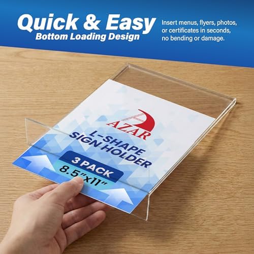 Azar Displays 152430-3PK Bottom Load Sign Holder 8.5x11 Clear Flexible Plastic Display Stand for Menus, Signs Vertical Tabletop Frame, Pack of 3
