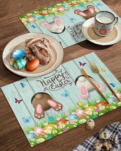 Spring Easter Placemats Set of 6, Funny Bunny Tails Rabbit Heat Resistant Washable Dining Table Mats Floral Farmhouse Decor for Kitchen&Table Linens Outdoor IndoorOutdoor Indoor