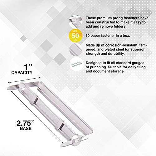 1 Inch Capacity Premium Prong Paper Fastener Complete Set, 2.75 Inch Base with Standard 2-Hole Punch for Home, Work, and School, by Olympx (50 per Box)