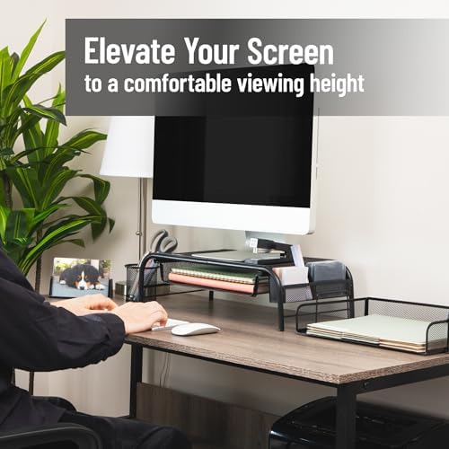Mind Reader Monitor Stand, Ventilated Laptop Riser, Paper Tray, Storage, Office, Metal Mesh, 20"L x 11.5"W x 5.5"H, Black