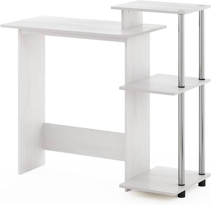 Furinno EFFICIENT Desk, 28.6" Wide Gaming Desk with 3 Open Side Shelves, Laptop Notebook Computer Desk, Office Desk for Home Office, Study Room, Dorm, Bedroom, White Oak/Stainless Steel