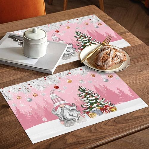Christmas Gnome Placemats Set of 6, Winter Merry Christmas Tree Balls Heat Resistant Washable Table Place Mats Pink Cotton Table Linens Party Holiday Decor for Kitchen Dining Outdoor Indoor