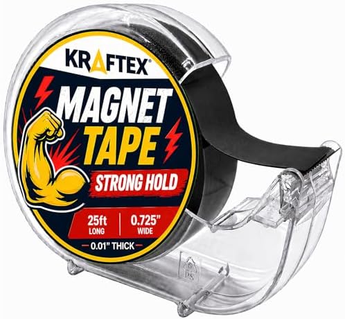 Kraftex Magnetic Tape Dispenser: 25ft x 3/4" Magnetic Strips with Adhesive Backing. Sticky, Flat Magnets for Crafts, Magnet Labels & Stickers. Magnets with Adhesive Backing Great for Home and School