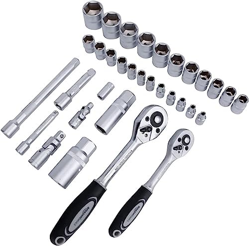 Amazon Basics 65-Piece General Household Home Repair and Mechanic's Hand Tool Kit Set with Storage Case, Portable, Non-Slip Handles, Black