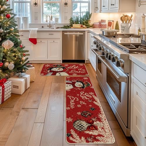 Artoid Mode Snowman Let It Snow Snowflake Christmas Kitchen Mats Set of 2, Winter Home Decor Low-Profile Kitchen Rugs for Floor - 17x29 and 17x59 Inch