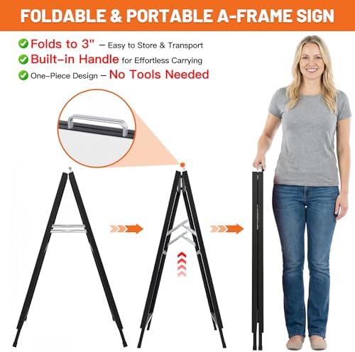 A-Frame Sidewalk Sign 22x28 Inch, Heavy Duty Double-Sided Sandwich Board Sign, Foldable Metal A Frame Sign Holder with Handle, Outdoor & Indoor Business Sign, Menu Board for Restaurants & Cafes