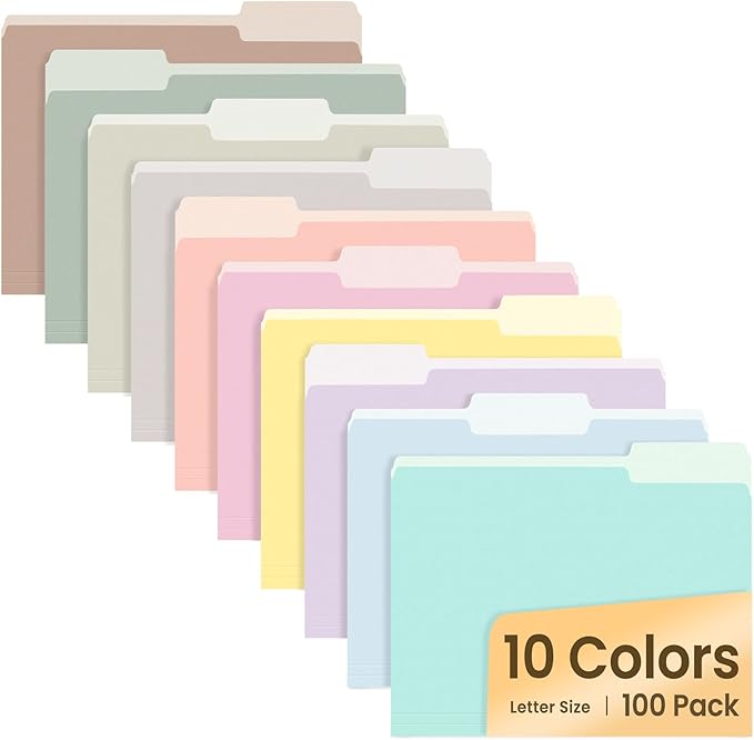 SUNEE File Folders, 100 Pack Manilla Folders 8.5 x 11, 10 Colors Folder Office Organization Home School Folders for Documents Files Paper