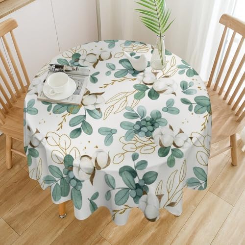 Cotton Flowers Tablecloth, Watercolor Summer Green Golden Eucalyptus Leaves Floral Print Table Cloth for Outdoor Picnic Home Dining Kitchen Table Decor, 50x50in