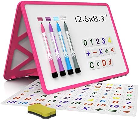 Small Dry Erase White Board with Stand, Double Sided Dry Erase Board for Kids, Foldable Small White Board Portable Mini Whiteboard with Lines & Holder for Home School Office