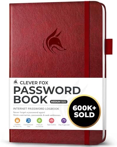 Clever Fox Password Book with Alphabetical Tabs, 5.3"x7.7" Keeper Wine Red