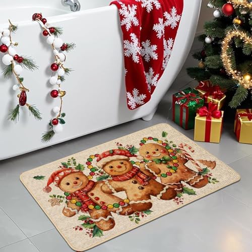 Baccessor Christmas Gingerbread Kitchen Rugs Set of 2,Merry Christmas Xmas Winter Kitchen Mats Washable Non Slip for Floor Hallway Laundry Sink Holiday Home Decor 17x29 and 17x47 Inch