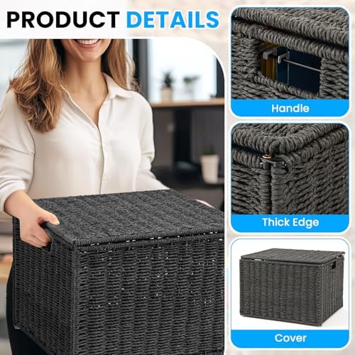 Cinnvoice Extra Large Decorative File Box 18 x 16 x 13 in Wicker Seagrass File Basket Organizer for Letter Legal Size Hand Woven Hanging Filing Cabinet with Lid for Office Paper Rope, Black