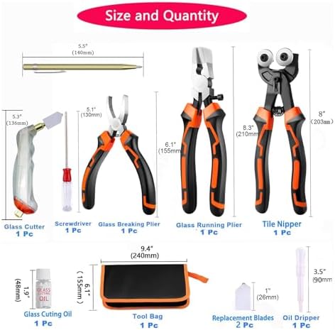 Glass Cutting Tool Kit with Tile Nipper, Glass Running Pliers, Breaker Grozer Pliers, Glass Cutter for Stained Glass, Tiles, Mosaic, with Storage Bag