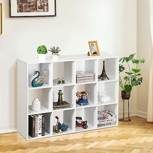 12 Cube Storage Shelf Organizer, Wood Bookshelf Organization Unit, Cube Shelves for Home Office Bedroom Living Room, White