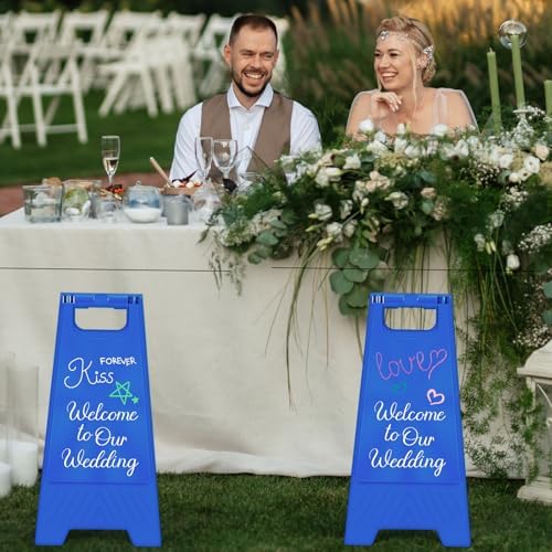 2 Pack a Frame Sandwich Board Sign with Dry Erase Surface, 24 x 12 Inch Double Sided Sidewalk Sign Chalkboard Easel Heavy Duty Plastic Dry Erase Poster Board for Outdoor Restaurant Cafe Menu (Blue)