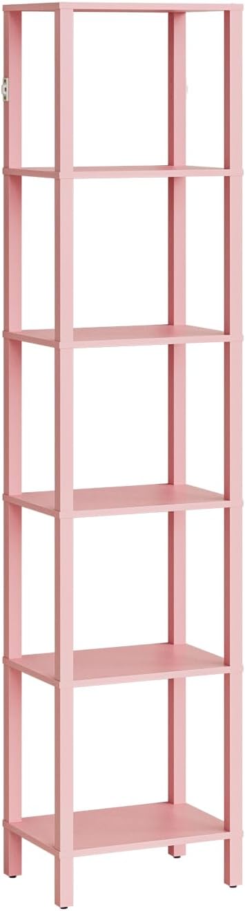 Open Book Shelf, 6 Tier Tall Bookshelf, Freestanding Shelf Narrow Bookcase with Open Shelves, 14.57" x 10.63" x 65.83", Book Shelves for Living Room, Office, Study, Pink